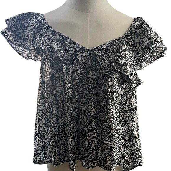 Universal Thread Floral Ruffle Blouse Black White Small Short Sleeve Boho Top - Picture 1 of 14